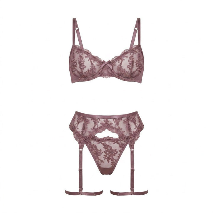 Women's Embroidered Lace Three-Piece Lingerie Set - Dusty Mauve