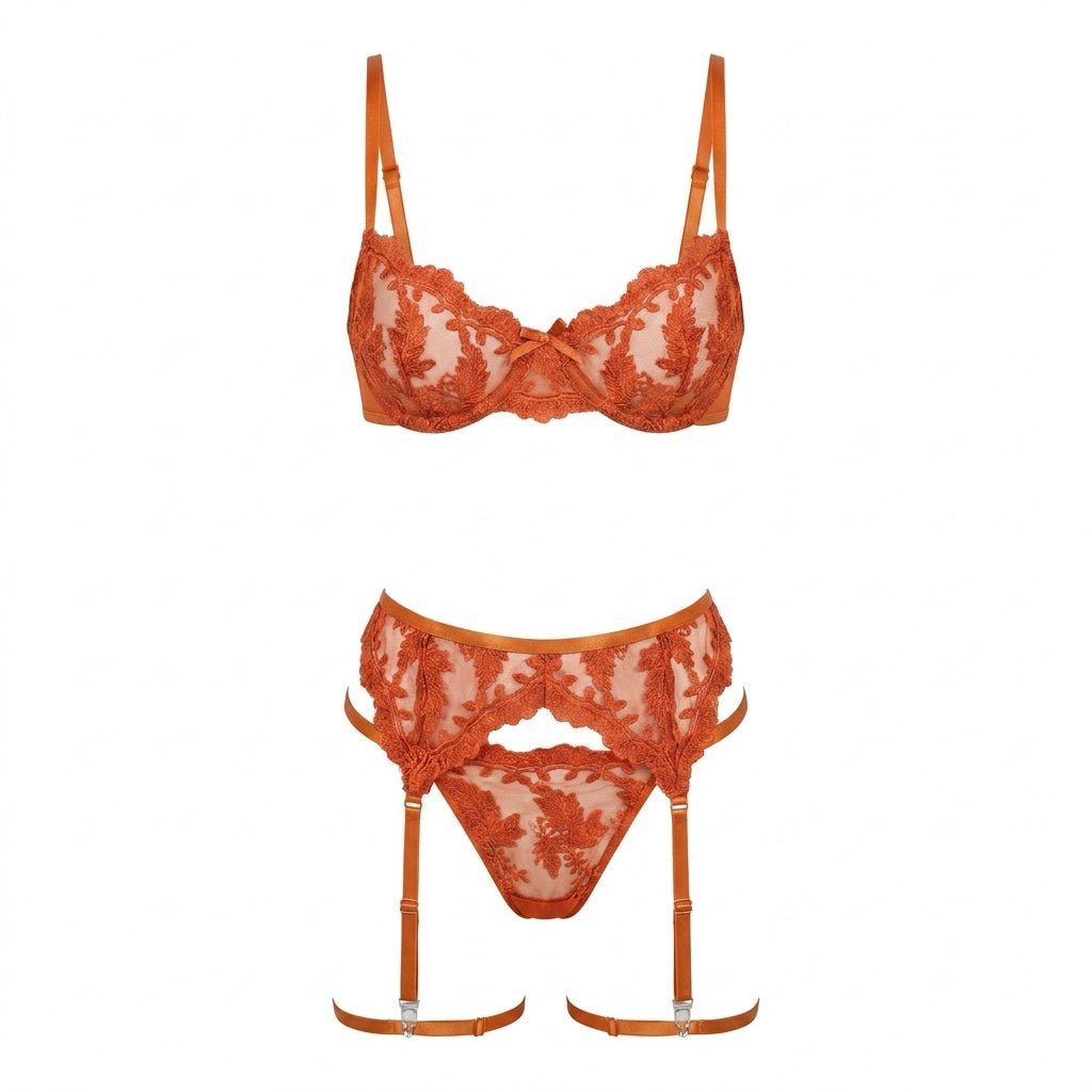 Women's Embroidered Lace Three-Piece Lingerie Set - Orange