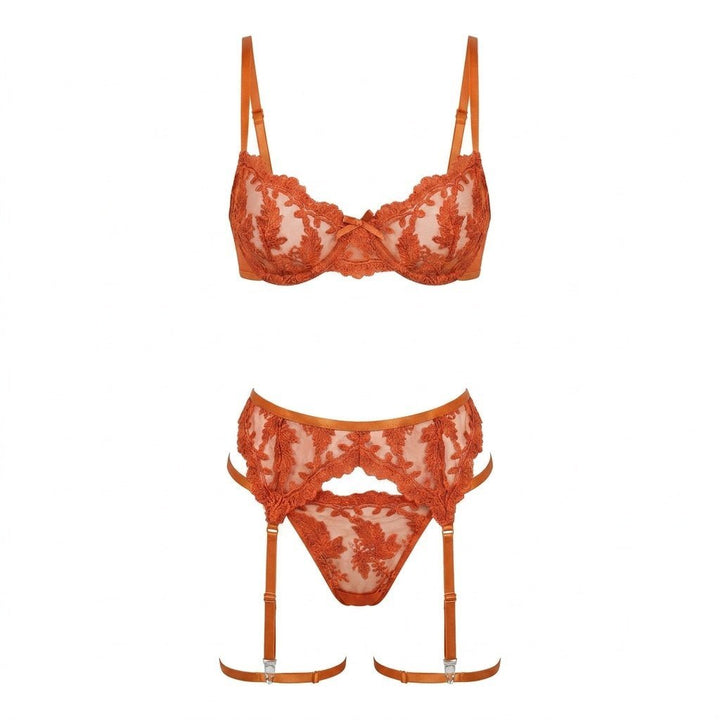 Women's Embroidered Lace Three-Piece Lingerie Set - Orange