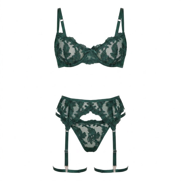 Women's Embroidered Lace Three-Piece Lingerie Set - Forest Green