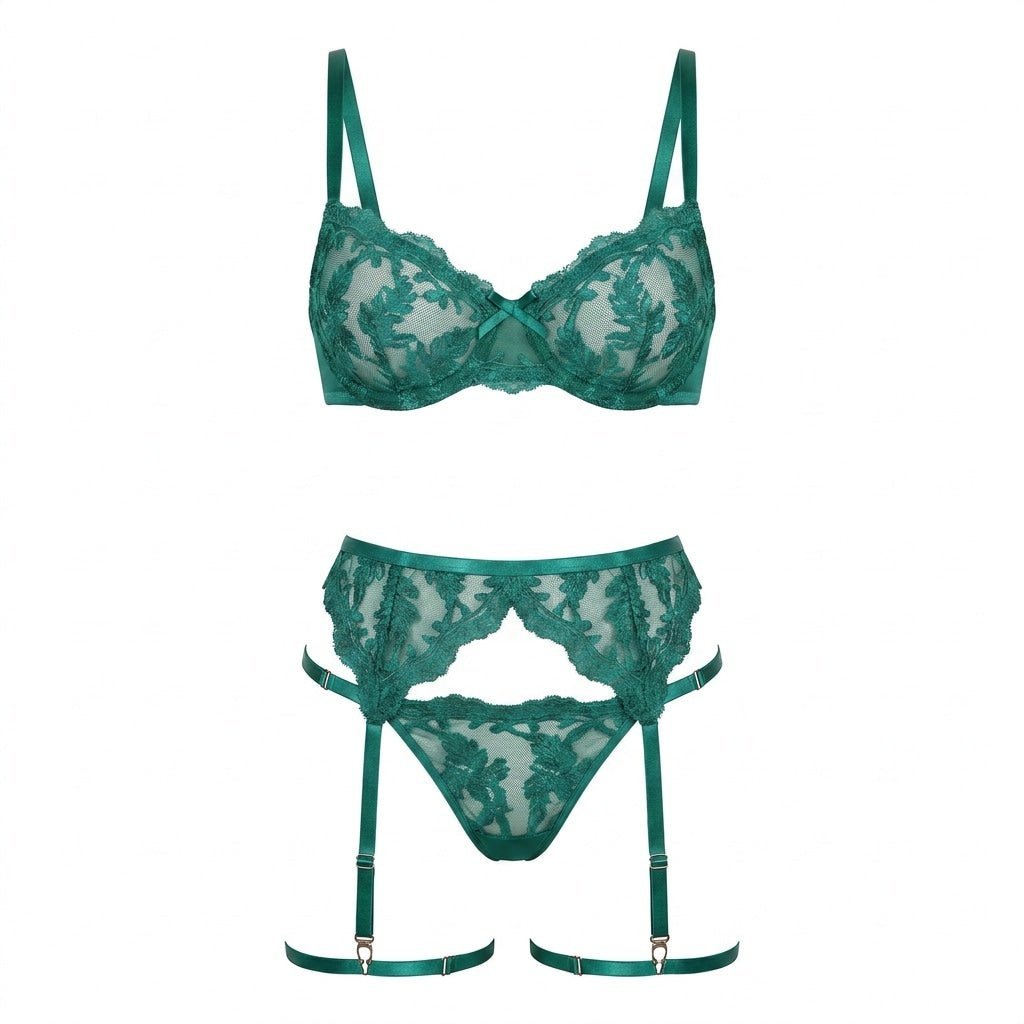 Women's Embroidered Lace Three-Piece Lingerie Set - Teal