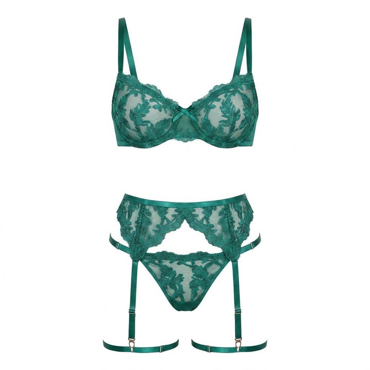 Women's Embroidered Lace Three-Piece Lingerie Set - Teal