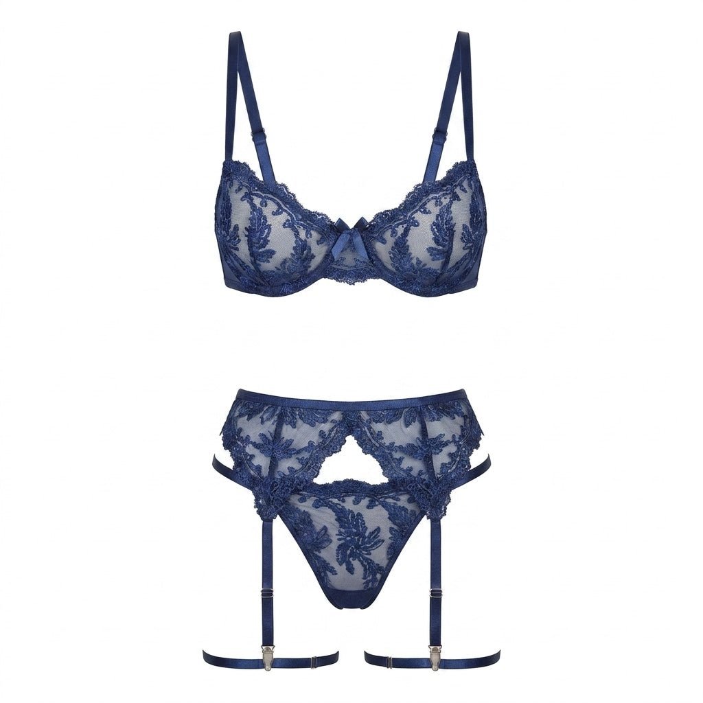 Women's Embroidered Lace Three-Piece Lingerie Set - Navy