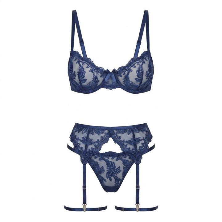 Women's Embroidered Lace Three-Piece Lingerie Set - Navy