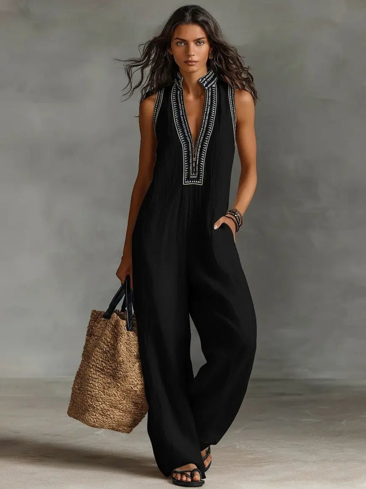 Women's Embroidered Linen Sleeveless Stand-Collar Jumpsuit - Black