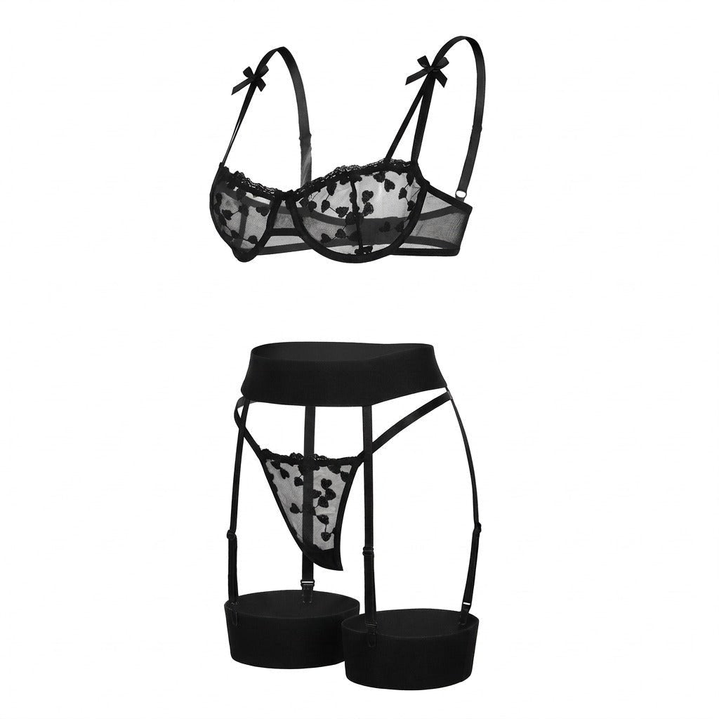 Women's Embroidered Mesh Underwire Balconette Lingerie Set - Black