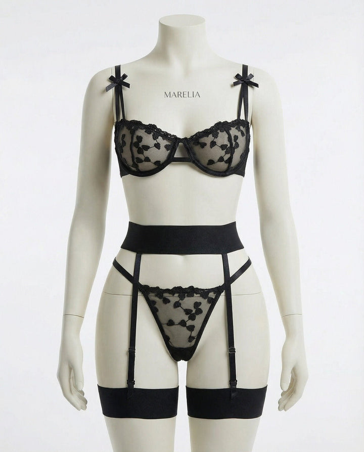 Women's Embroidered Mesh Underwire Balconette Lingerie Set