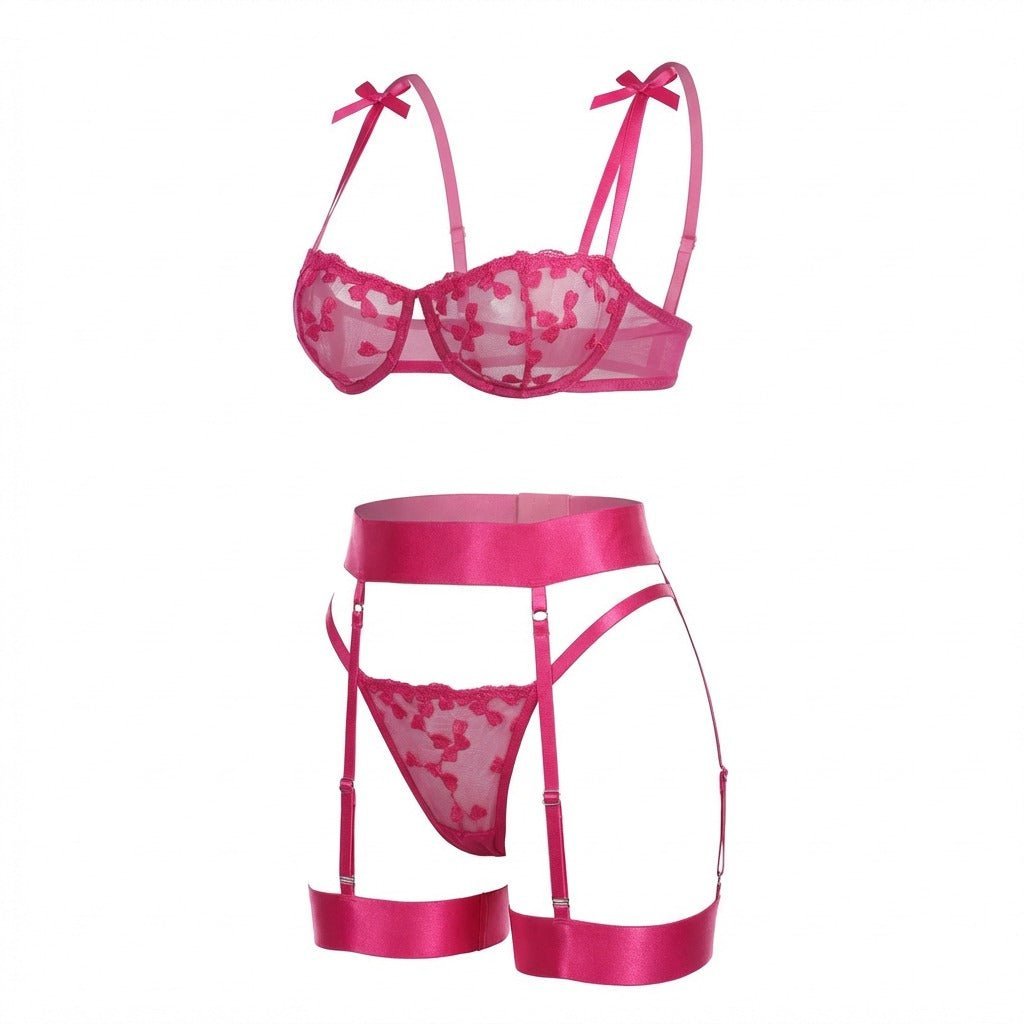 Women's Embroidered Mesh Underwire Balconette Lingerie Set - Fuchsia pink