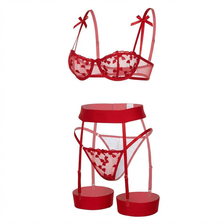 Women's Embroidered Mesh Underwire Balconette Lingerie Set - Red