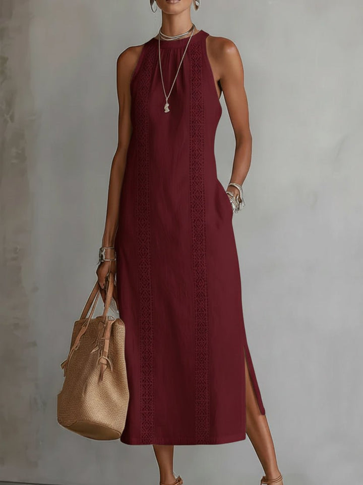 Women's Embroidered Sleeveless Midi Dress - Red