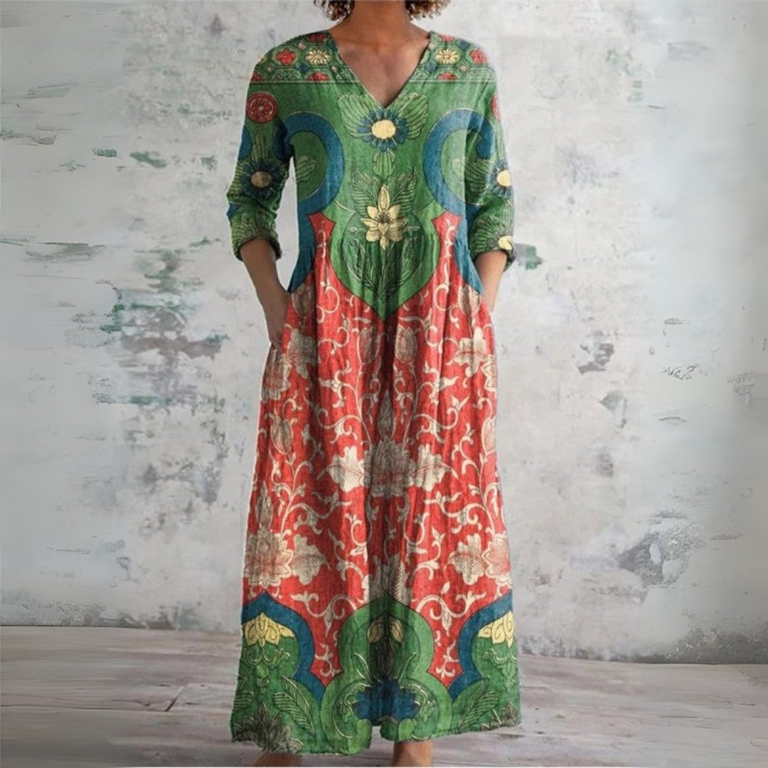 Women's Ethnic Floral Print V-Neck Linen Maxi Dress