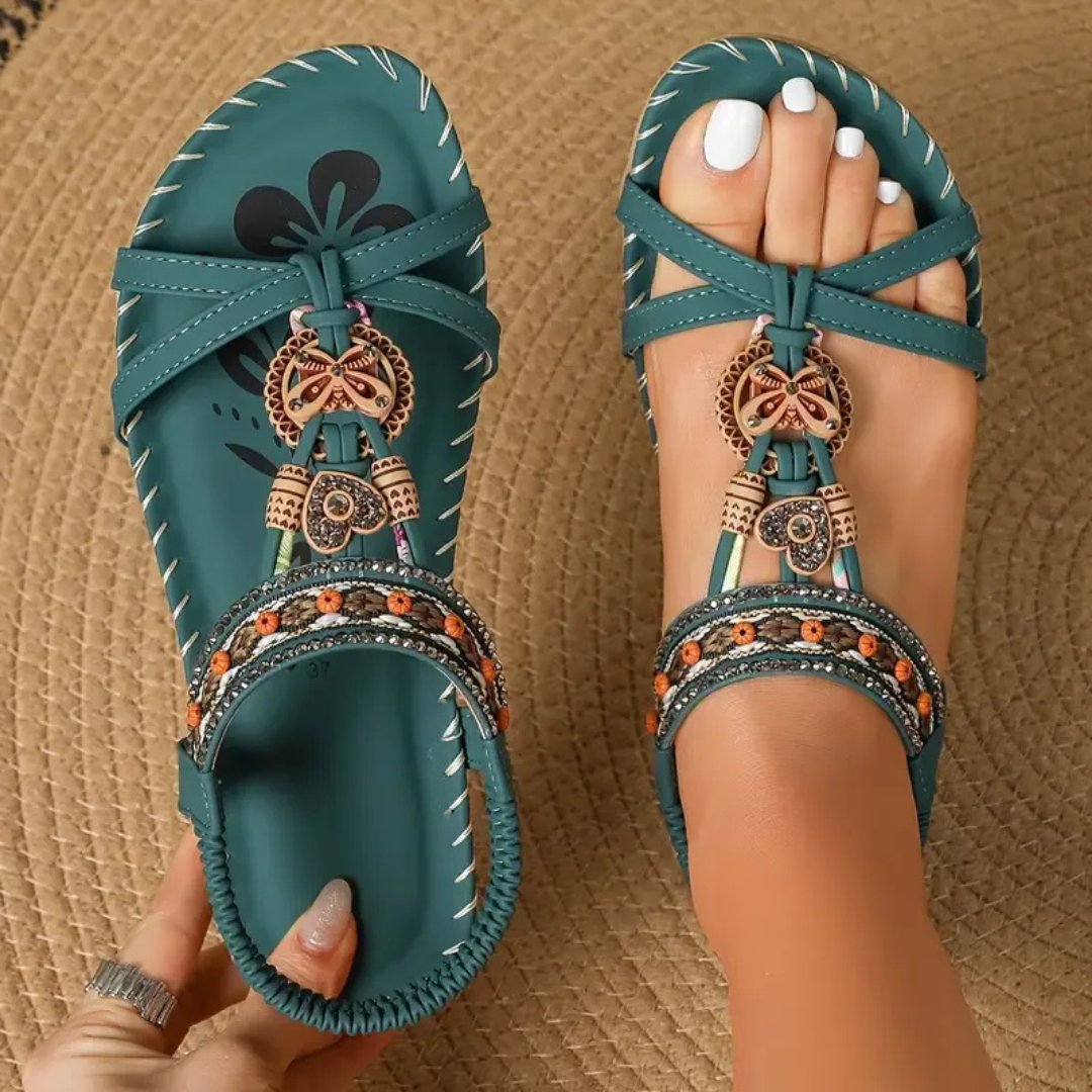 Women's Flat Boho Beaded T-Strap Summer Sandals - Dark Green