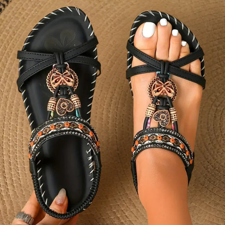 Women's Flat Boho Beaded T-Strap Summer Sandals - Black