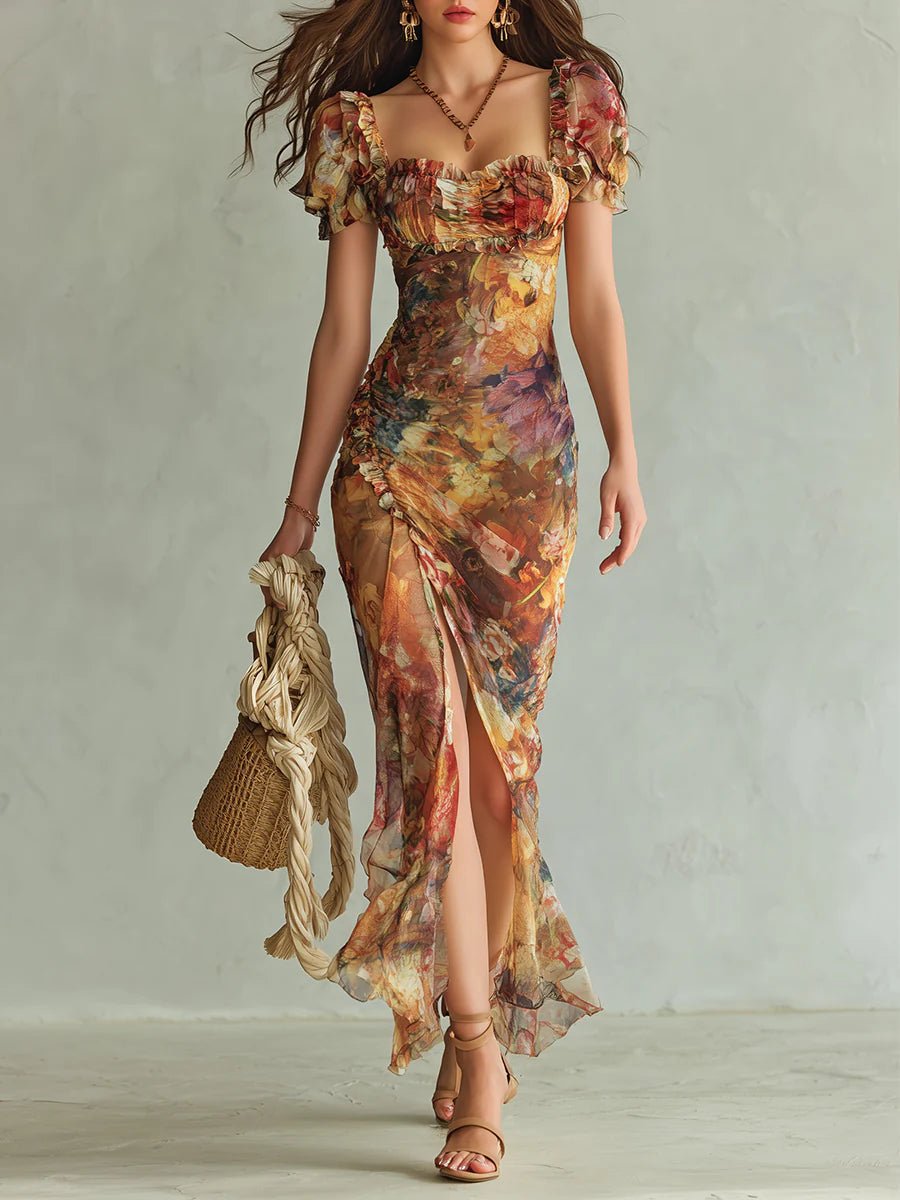 Women's Floral Chiffon Ruffle Sweetheart Maxi Dress - Orange