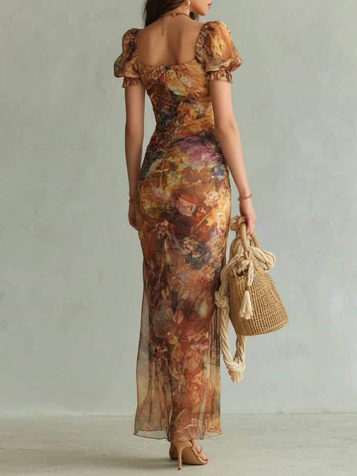 Women's Floral Chiffon Ruffle Sweetheart Maxi Dress