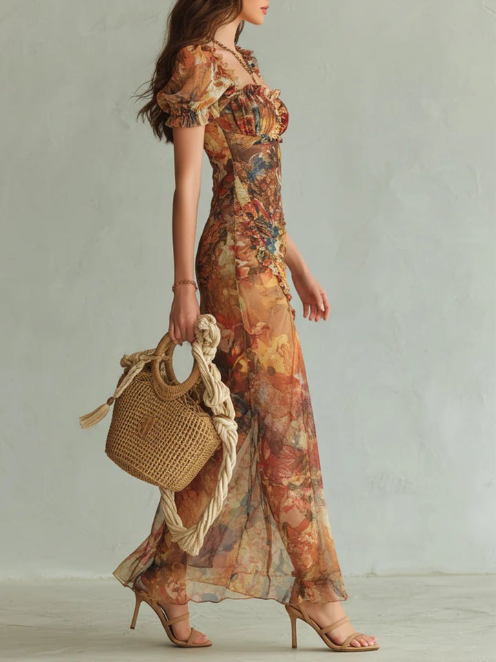 Women's Floral Chiffon Ruffle Sweetheart Maxi Dress