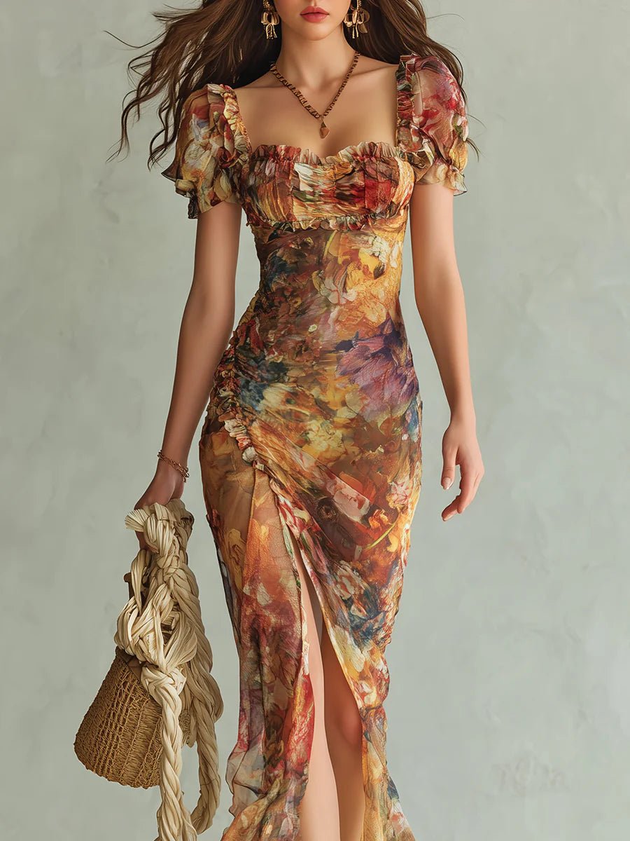 Women's Floral Chiffon Ruffle Sweetheart Maxi Dress