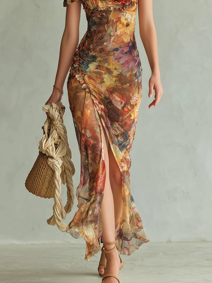 Women's Floral Chiffon Ruffle Sweetheart Maxi Dress