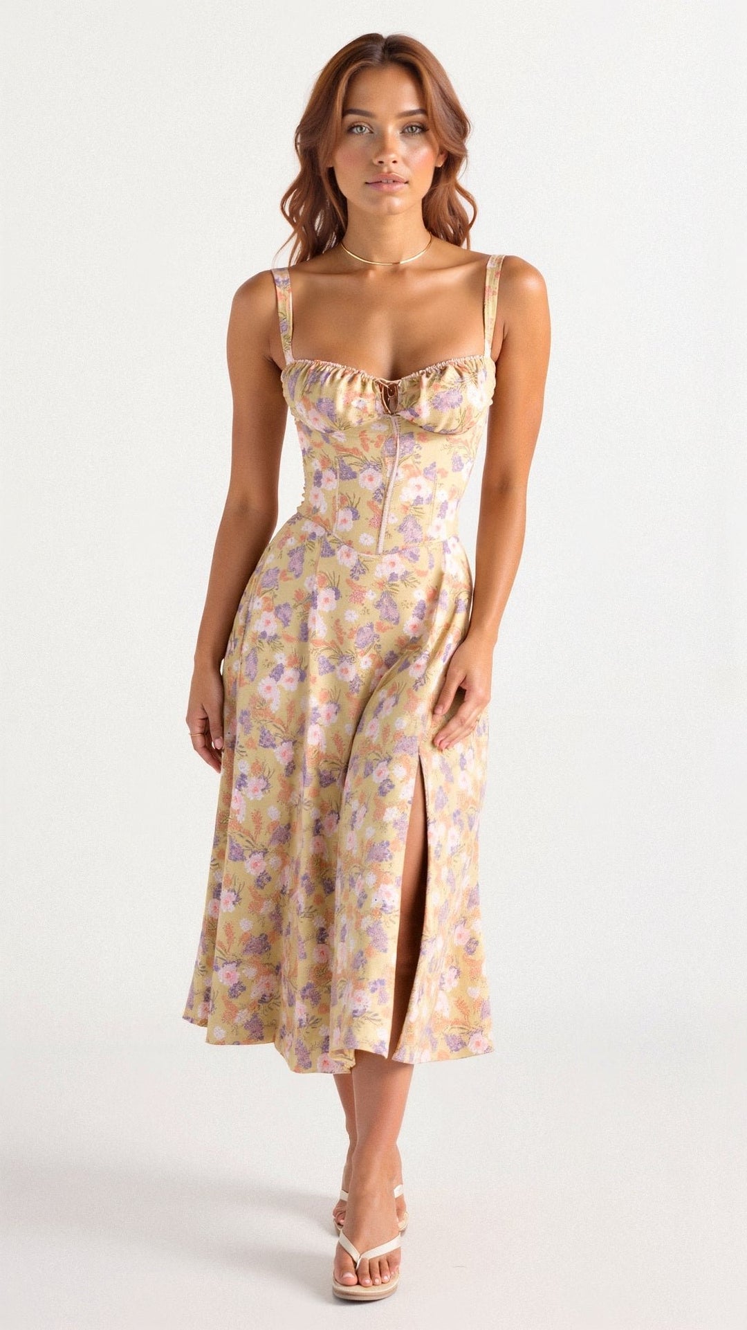 Women's Floral Corset-Style Bustier Midi Dress - Yellow