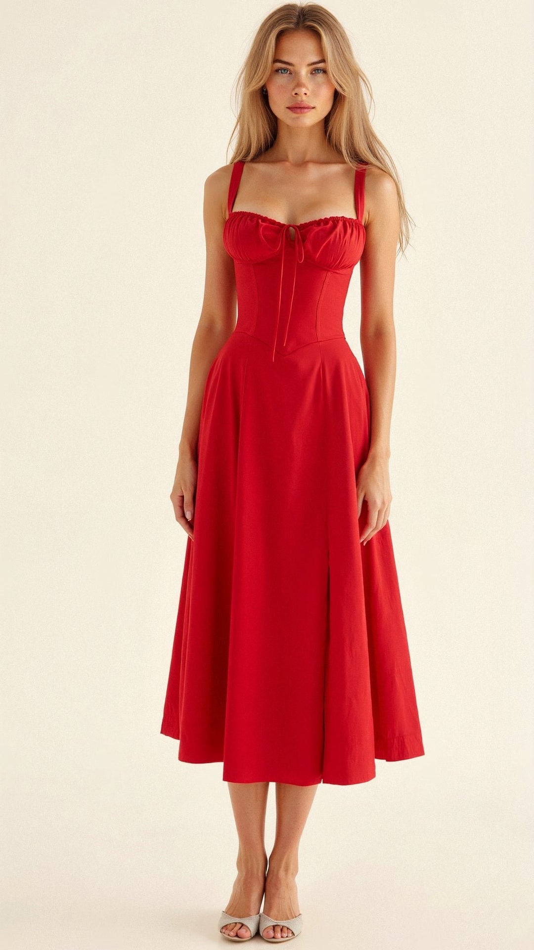 Women's Floral Corset-Style Bustier Midi Dress - Red