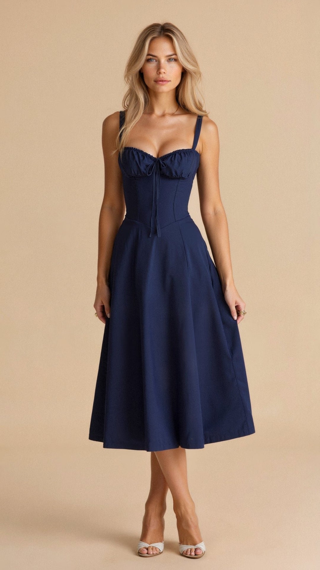 Women's Floral Corset-Style Bustier Midi Dress - Navy Blue