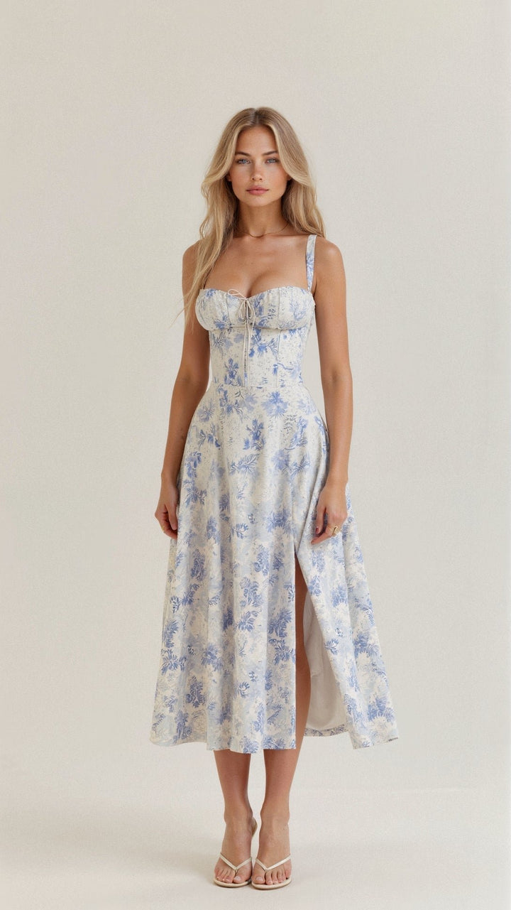 Women's Floral Corset-Style Bustier Midi Dress - Blue