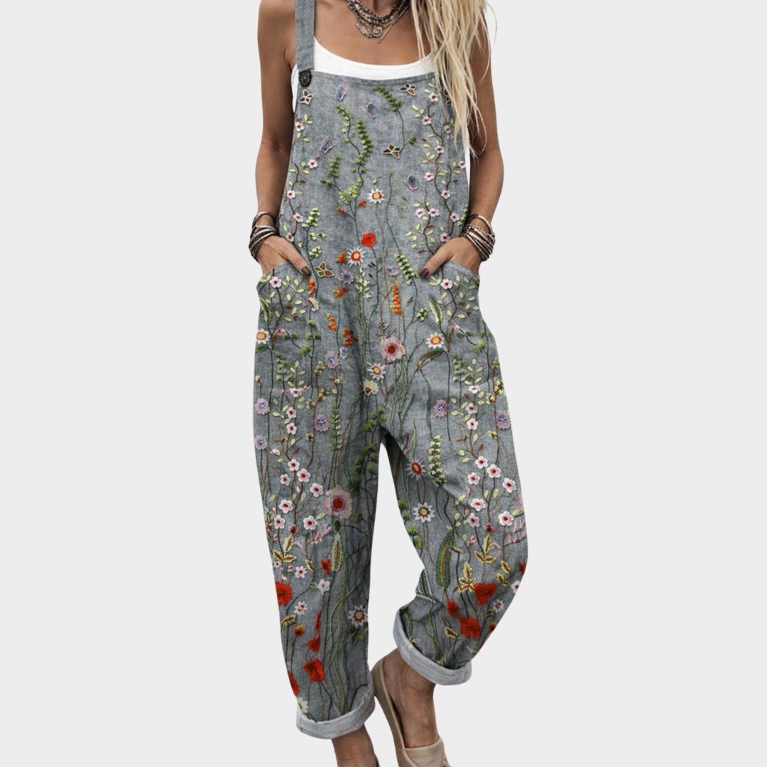 Women's Floral Embroidered Linen Blend Wide-Leg Overalls - Grey / Floral