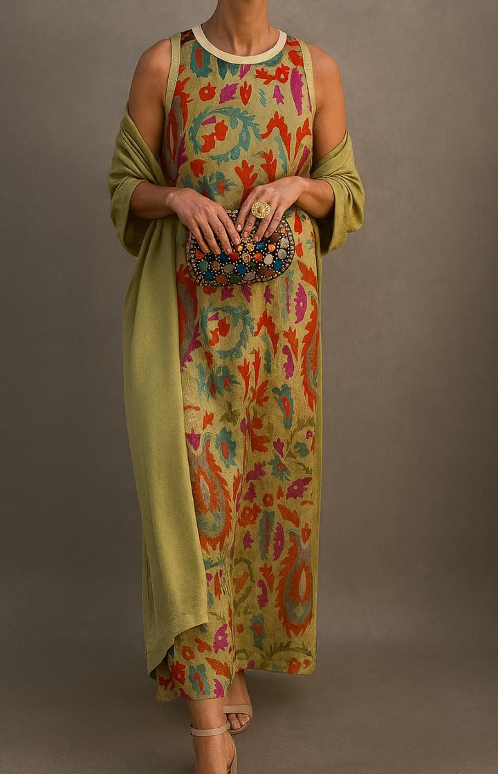 Women's Floral Embroidered Sleeveless Maxi Dress with Matching Coat Set - Green