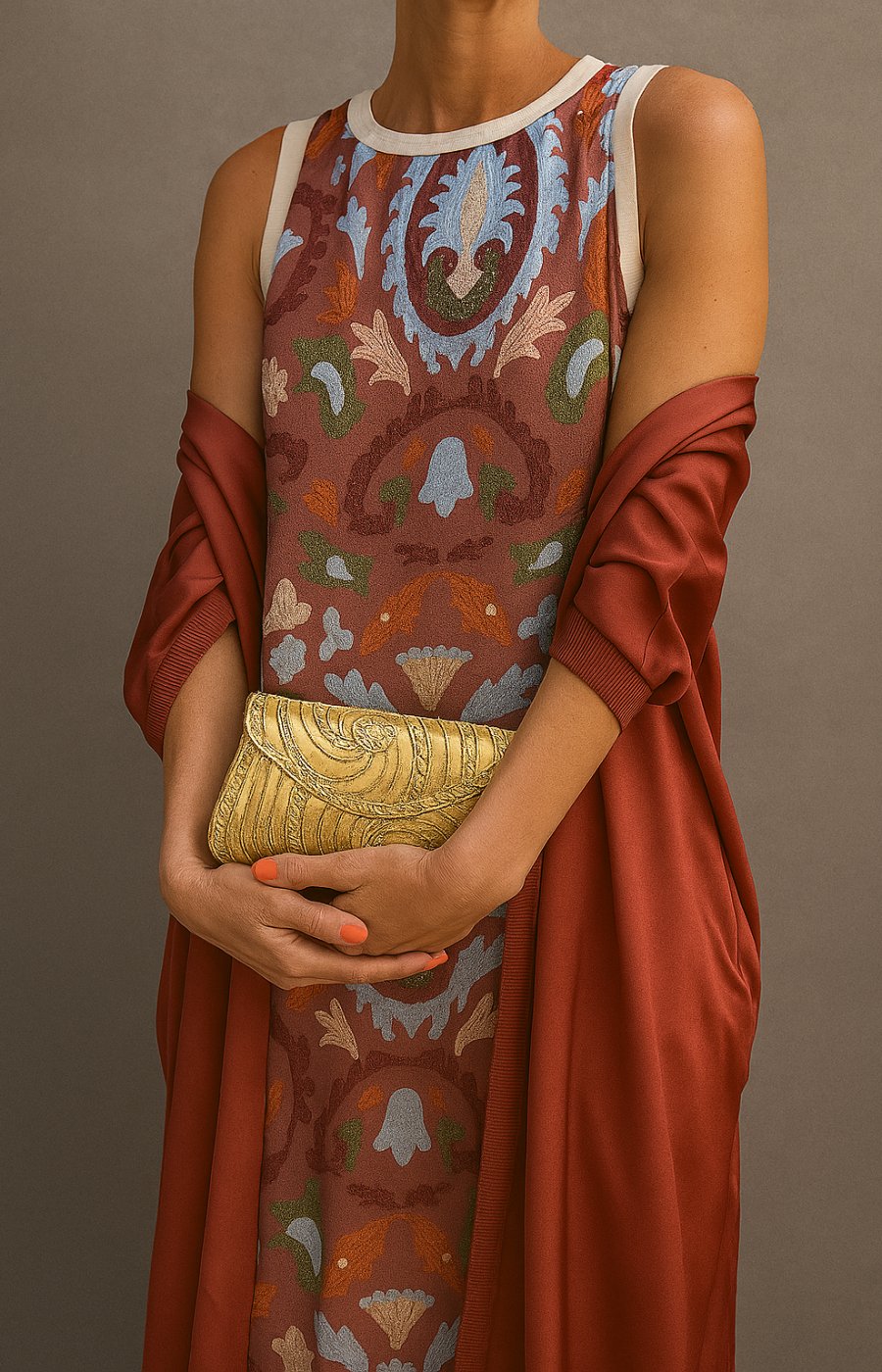 Women's Floral Embroidered Sleeveless Maxi Dress with Matching Coat Set - Brown