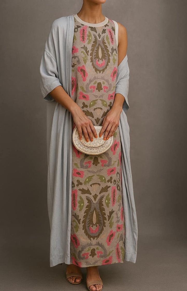 Women's Floral Embroidered Sleeveless Maxi Dress with Matching Coat Set - Khaki