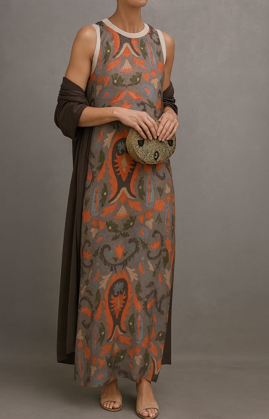 Women's Floral Embroidered Sleeveless Maxi Dress with Matching Coat Set - Gray
