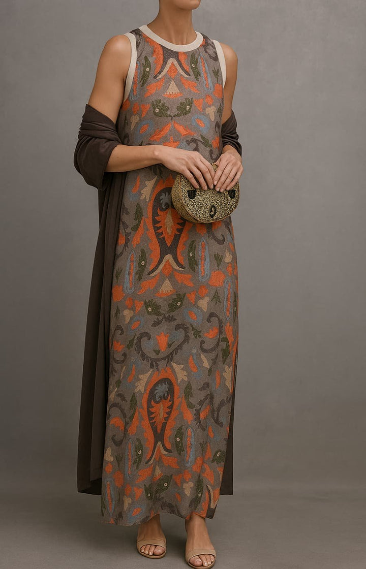 Women's Floral Embroidered Sleeveless Maxi Dress with Matching Coat Set - Gray