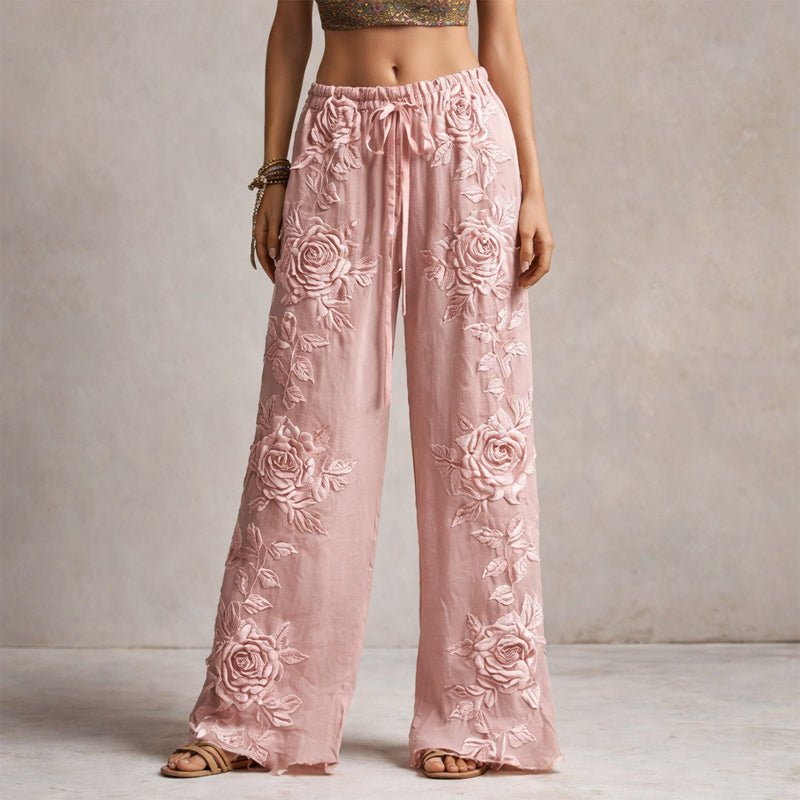Women's Floral Embroidered Wide-Leg Drawstring Pants - Pink