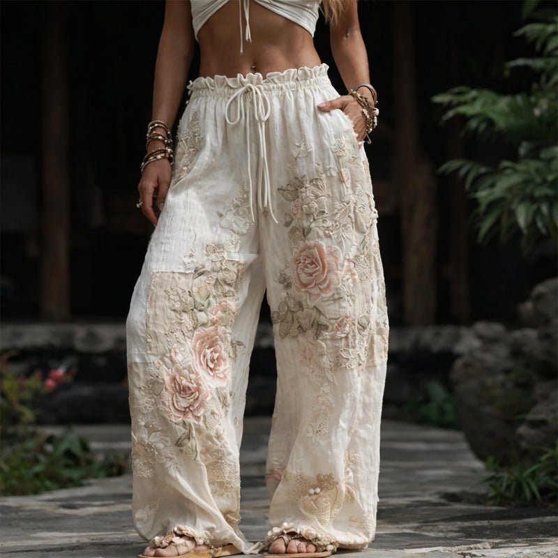 Women's Floral Embroidered Wide-Leg Drawstring Pants - Beige