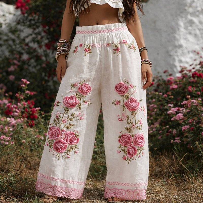 Women's Floral Embroidered Wide-Leg Drawstring Pants - White