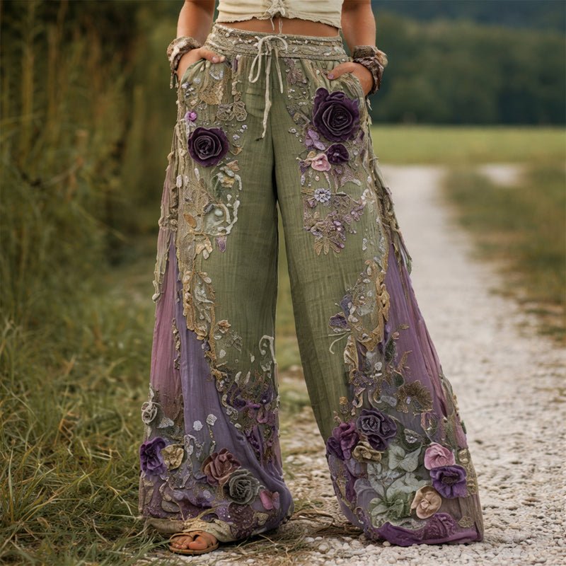Women's Floral Embroidered Wide-Leg Drawstring Pants - Green