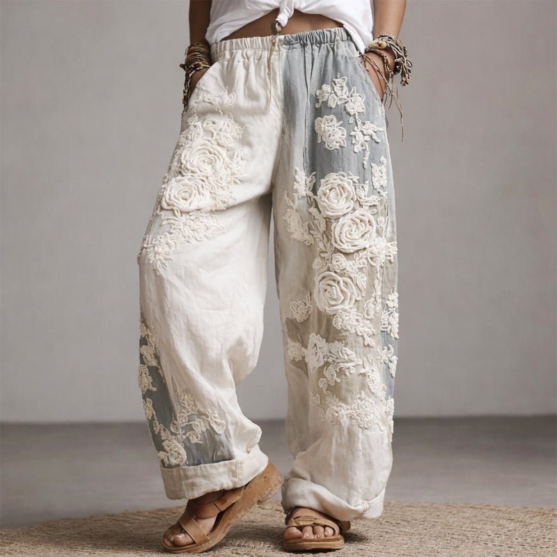 Women's Floral Embroidered Wide-Leg Drawstring Pants - Gray