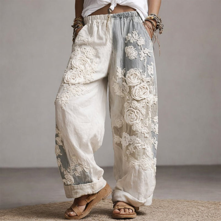 Women's Floral Embroidered Wide-Leg Drawstring Pants - Gray
