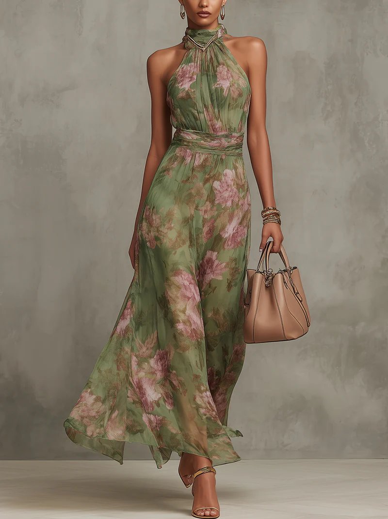 Women's Floral Halter Neck Maxi Dress - Green
