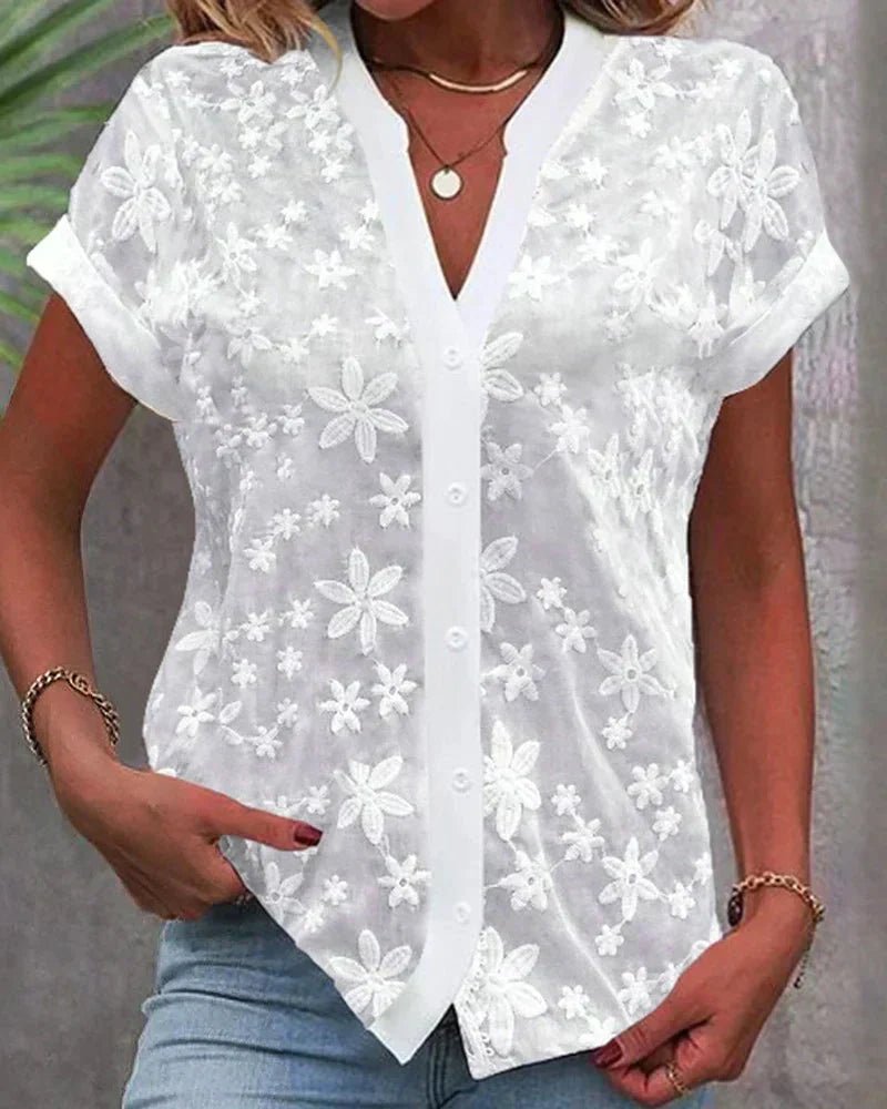 Women's Floral Lace Button-Down Short Sleeve Blouse - White