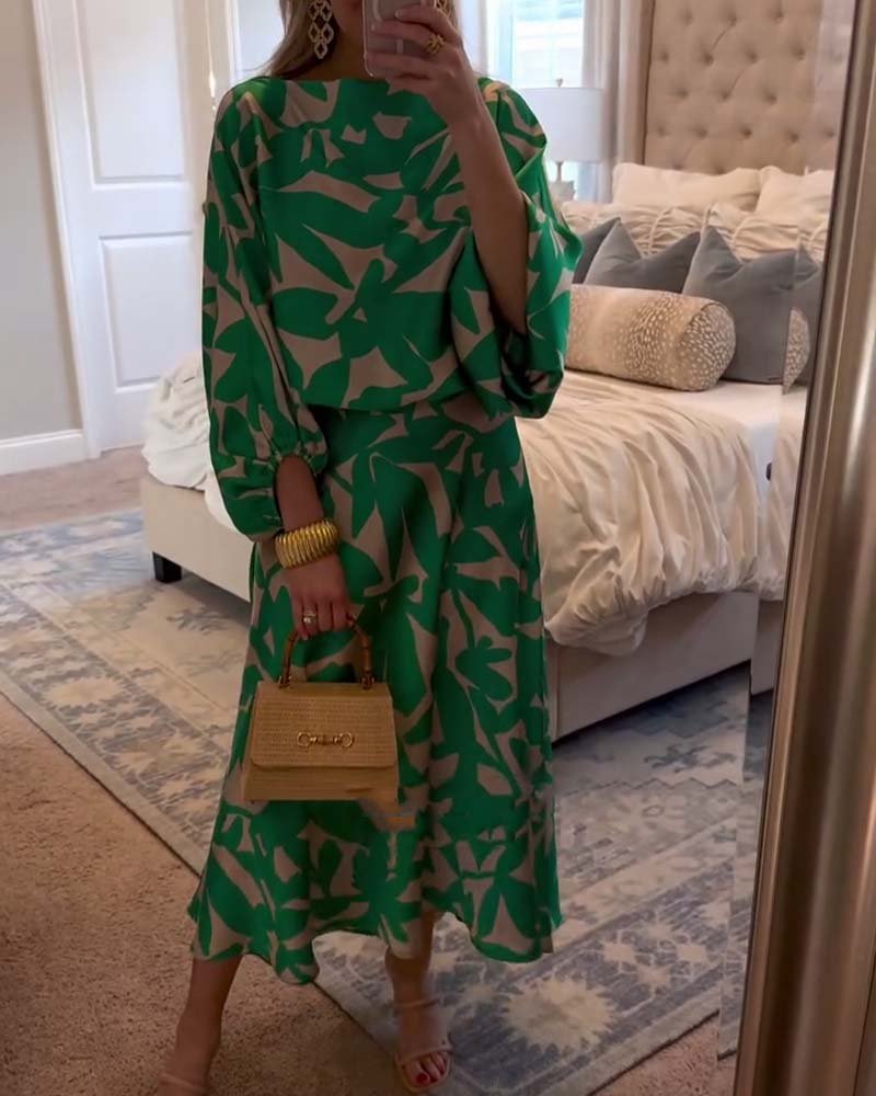 Women's Floral Lantern Sleeve Two-Piece Set - Green
