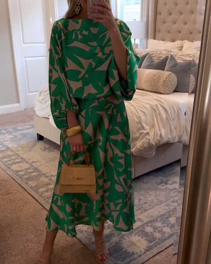 Women's Floral Lantern Sleeve Two-Piece Set - Green