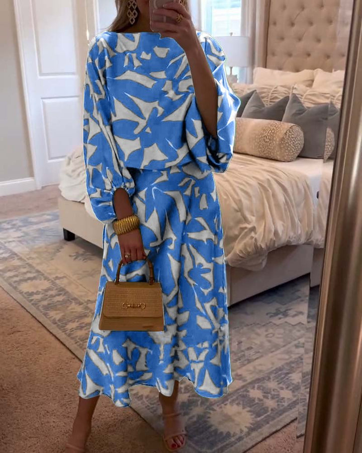 Women's Floral Lantern Sleeve Two-Piece Set - Blue