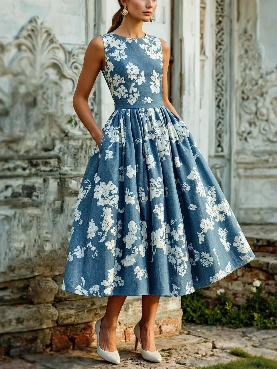 Women's Floral Linen Cotton-Blend Sleeveless Midi Dress - Blue