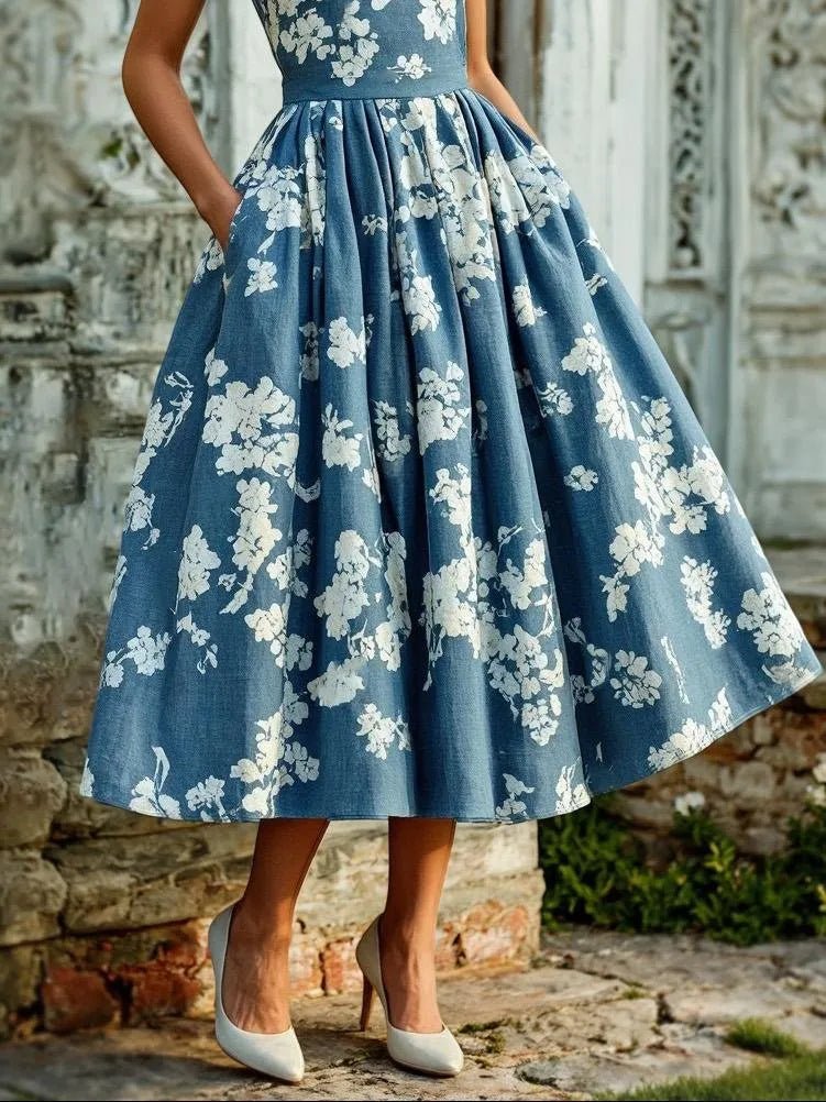 Women's Floral Linen Cotton-Blend Sleeveless Midi Dress