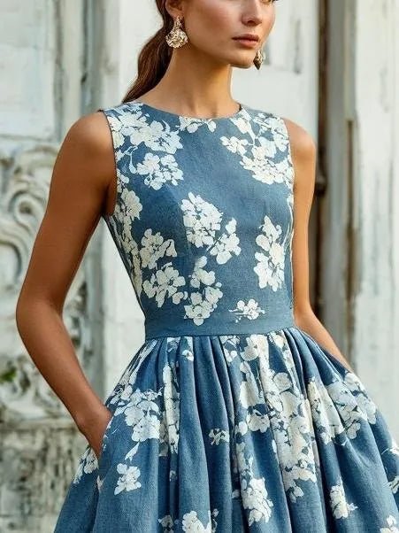 Women's Floral Linen Cotton-Blend Sleeveless Midi Dress