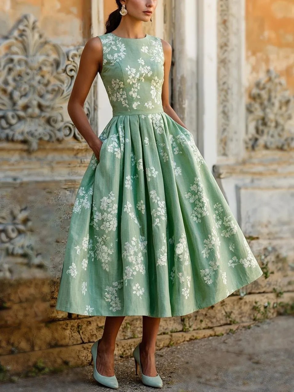 Women's Floral Linen Cotton-Blend Sleeveless Midi Dress - Green