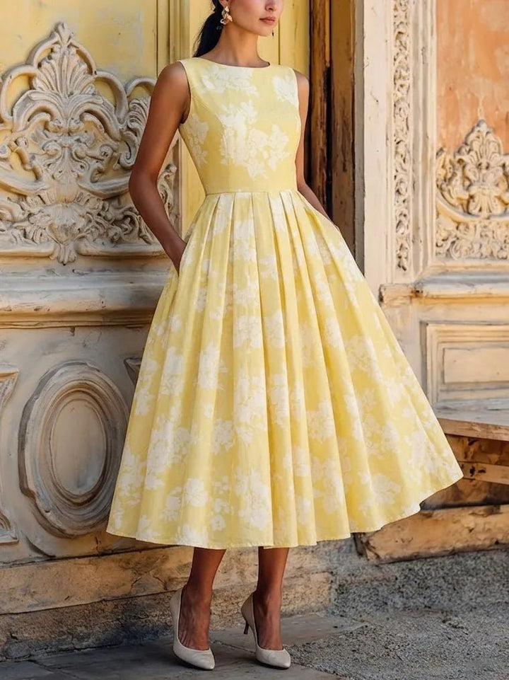 Women's Floral Linen Cotton-Blend Sleeveless Midi Dress - Yellow
