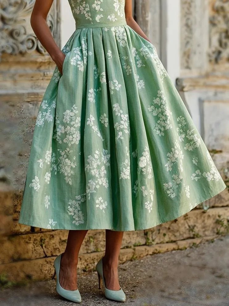 Women's Floral Linen Cotton-Blend Sleeveless Midi Dress