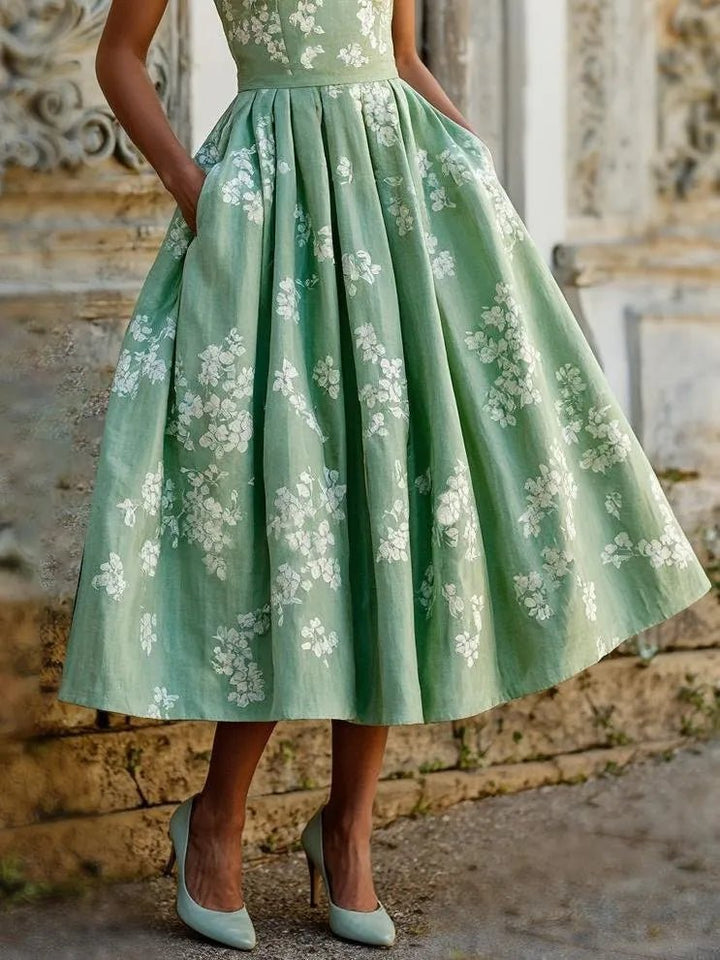Women's Floral Linen Cotton-Blend Sleeveless Midi Dress
